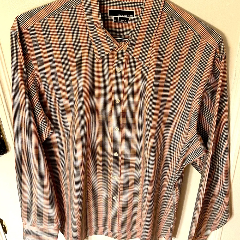 Michael Kors long sleeve shirt. Mixed colors - mostly reddish-pink. Great shape!
